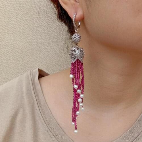 YYGEM luxury style Natural 2mm round Garnet White Pearl Tassel Cubic Zirconia Pave dangle LeverBack Earrings