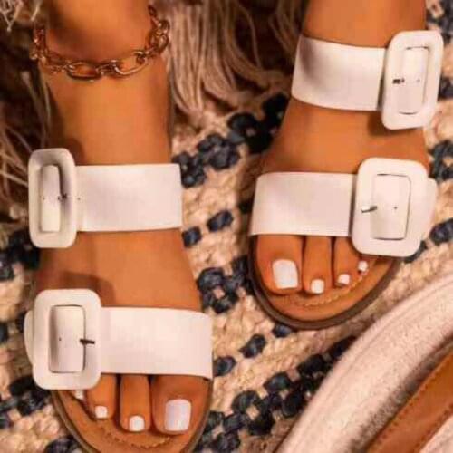 2020 Summer Women Flat Slippers Solid Color Double Buckle Open Toe Beach Outdoor Slides Casual Elegant Sandals Ladies Shoes