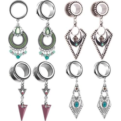 1Pair Boho Ear Gauges Plugs Tunnels Flesh Ear Piercing Dangles Stretchers Expanders Stainless Steel Earring Piercing Oreja
