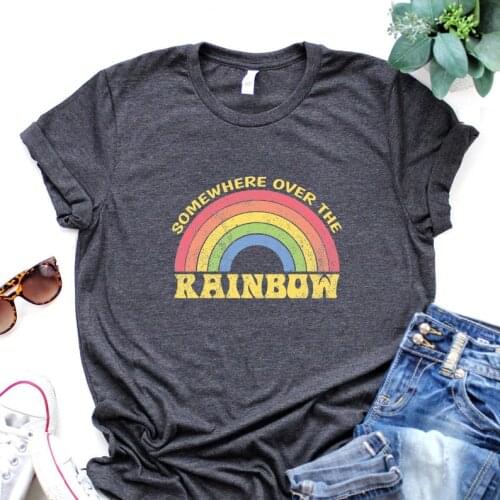 Vintage Rainbow Somewhere Over The Shirt Womens Short Sleeve 100% Cotton Top Tee Funny Letter Print Graphic O Neck Mama Mother