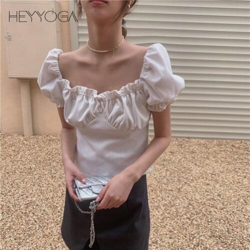 Solid Sexy Short Puff Sleeve Tee French Slim Summer Top 2021 Fairy Grunge Clothes Women Vintage Square Collar Ruched T Shirts