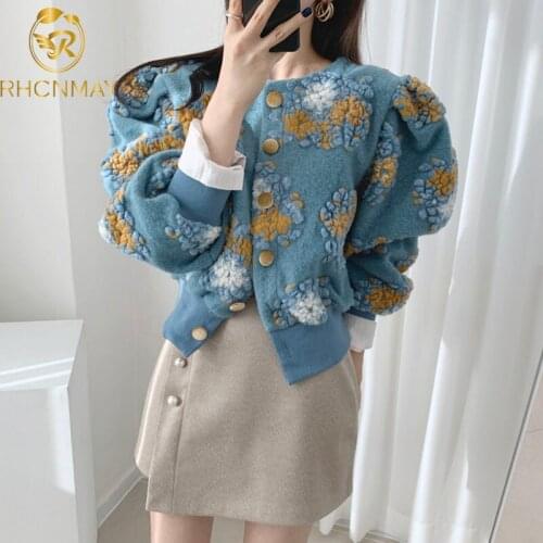 High Quality Designer Short Jacket For Women Luxury Appliques Flowers Retro Style Lantern Sleeves Woolen Jackets Outerwear Coats
