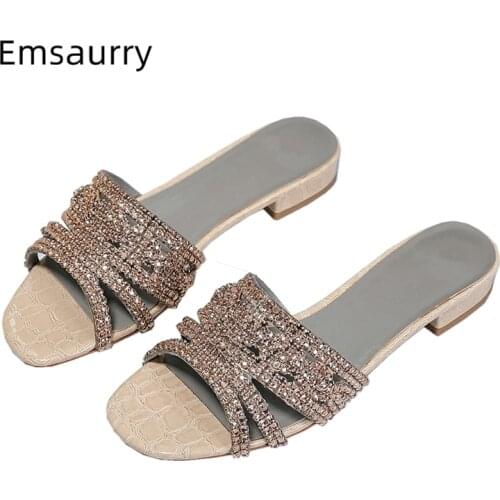 Chic 2021 Jeweled Rhinestone Slippers Women Sexy Open Toe Genuine Leather Stone Grain Flat Mules Summer Shoes Woman