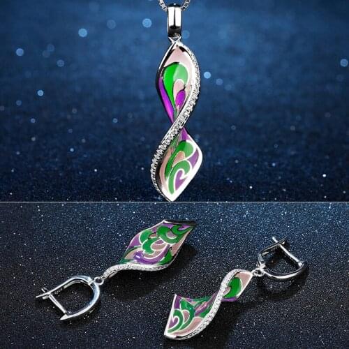OGULEE Silver 925 Jewelry Sets for Women Exquisite Whirlpool Colorful Enamel Flower Necklace Drop Earrings Female Wedding Bride