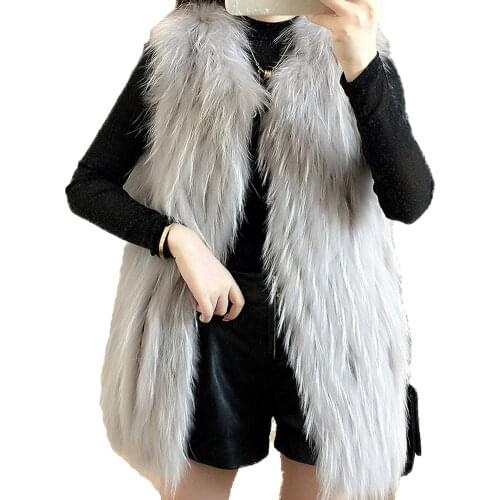 Women Winter Fur Vest Coat Real Raccoon Warm Waistcoat Handmade Fluffy Soft Grey Beige