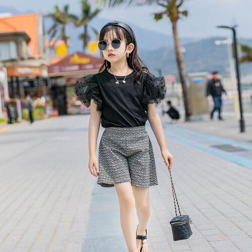 2021 Girls Summer Clothes Suit Baby Kids teenager lace Puff Sleeve t Shirt + Shorts plaid pant Outfits 5 6 7 8 9 10 11 12 year