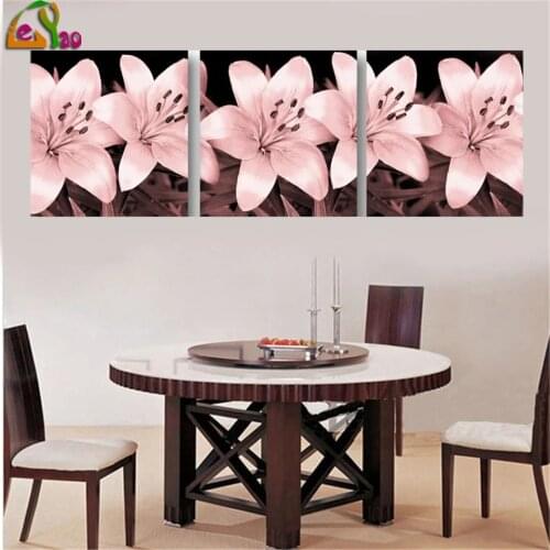 5D Diy Diamond Painting Cross Stitch Kits Diamond Mosaic Diamond Embroidery Pink Flower Triptych 3d Painting Round Drill Gift