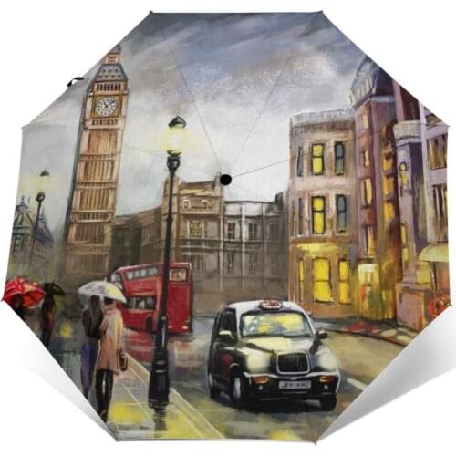 Automatic Umbrella Street View Of London Oil Painting three-fold umbrella women men rain umbrella