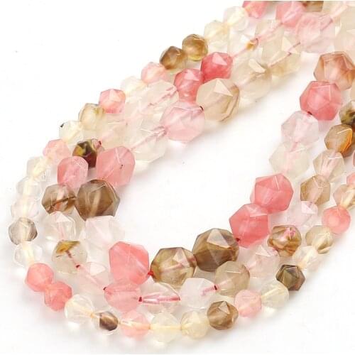 Natural Stone Beads Faceted Volcano Cherry Quartz Loose Spacers Beads for Jewelry Making DIY Bracelet Accessories 15" 6/8/10mm