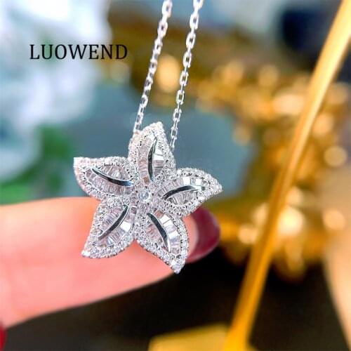 LUOWEND Solid 18K White Gold Pendant Necklace Natural Diamond Pendant with Chain Anniversary Jewelry Starfish Shape Desgin