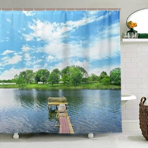 Wooden Dock Shower Curtain Waterproof Bath Curtains for Bathroom Home Decoration Polyester Fabric Landscape Curtain with 12 Hook