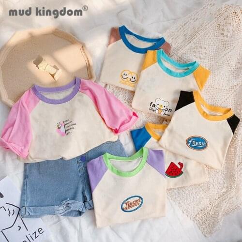 Mudkingdom Boys Girls T-shirt Patchwork Casual Cartoon Summer Three Quarter Shorts for Kids Fashion Clothes Drop Shoulder Tops