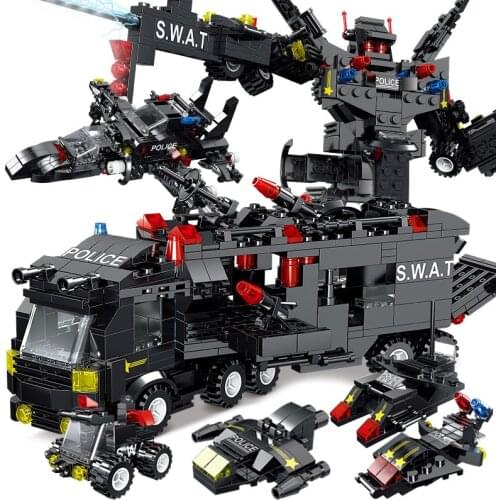 8IN3 SWAT City Police Station Building Blocks Playmobiled City Car Truck Creative Bricks Toys For Children Boys Gifts
