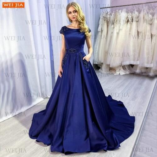 Royal Blue Evening Gowns 2021 Robe De Soiree Slim Fit Pocket Beading Satin A Line Women Formal Dresses Court Train Made In China