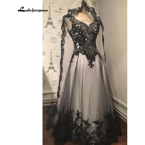 Lakshmigown Gothic Wedding Dress Lace Appliques vestido de noiva Black A Line Wedding Dresses V Neck Sleeveless Wedding Gowns