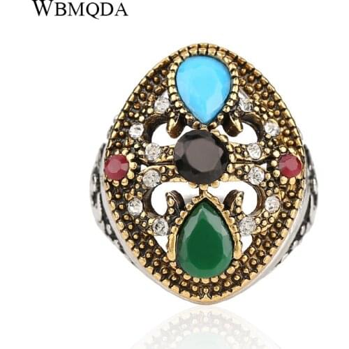 Hot 2018 Fashion Turkish Jewelry Silver Color Gold Ring Crystal Colorful Resin Rings For Women Bohemian Accessories