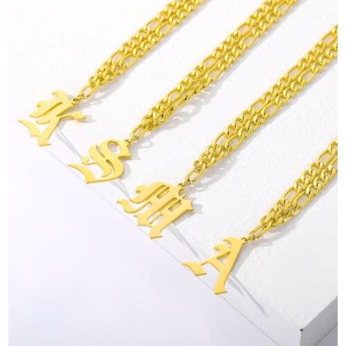 Figaro Chain Letter Necklace Personalized Custom Old English A-Z Alphabet Initial Letters Gold Stainless Steel Jewelry Necklaces