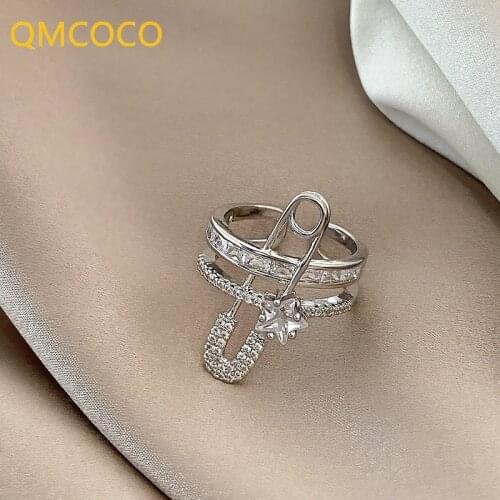 QMCOCO Creative Design Geometric Rings Women INS Trendy Zircon Rings Personality Fashion Light Luxury Women Finger Accessories