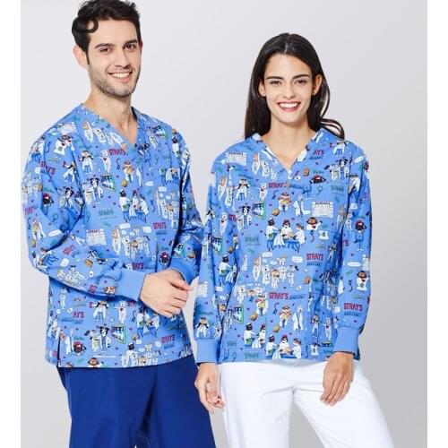 Unisex V-Neck Long Sleeve Work clothes for pet grooming institutions Beauty Salon Spa Uniforms Printing Scrub Suit Women Men