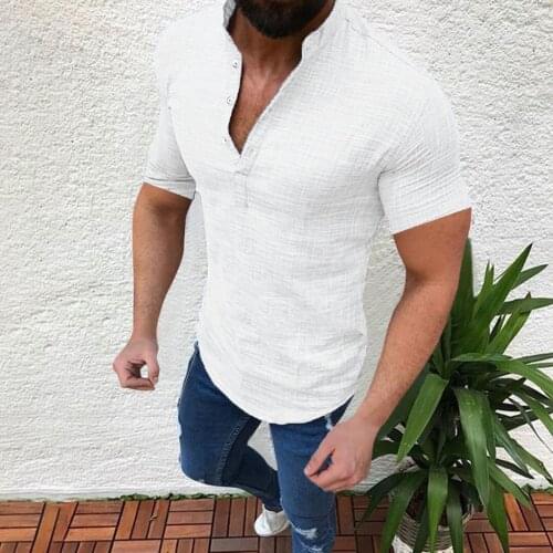 Cotton Linen Blouse Mens Casual Tops Short Sleeve Tee Shirt Men Loose Work Daily Handsome Summer Mens Shirt chemise homme