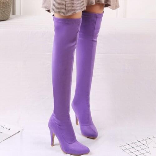 Stretch Fabric Thigh High Boots High Heel Over The Knee Boots Women Pointed Toe Spring Candy Color Party Long Shoes Woman