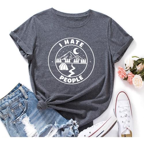 I Hate People Funny Tee Moon Camp Travel Summer Cotton T-shirt Tops for Women Short Sleeve Graphic Tee Top Shirts Female Clothes