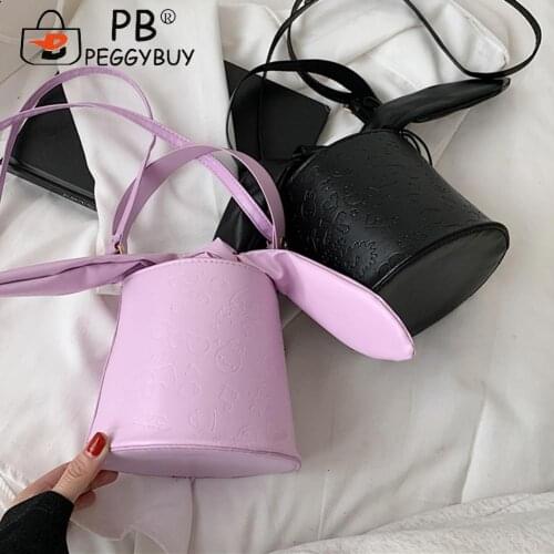 Female Bucket Handbags with Cartoon Pattern Printed Tote PU Leather Embossing Shoulder Underarm Bags for Shopping