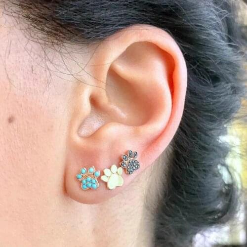 925 Sterling Silver cute Animal Dog Cat Paw Stud Earring with turquoises stone for Women lovely girl party Footprint ear jewelry