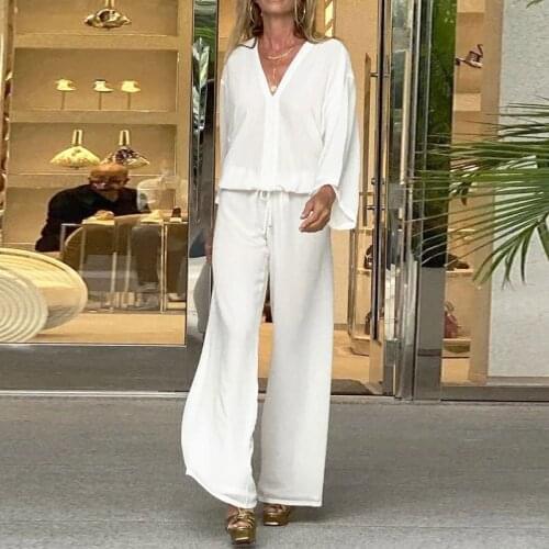 Casual Women High Waist Wide Leg Pant Set Fashion V Neck Long Sleeve Shirt And Drawstring Trouser Suit Female Chic Two Piece Set