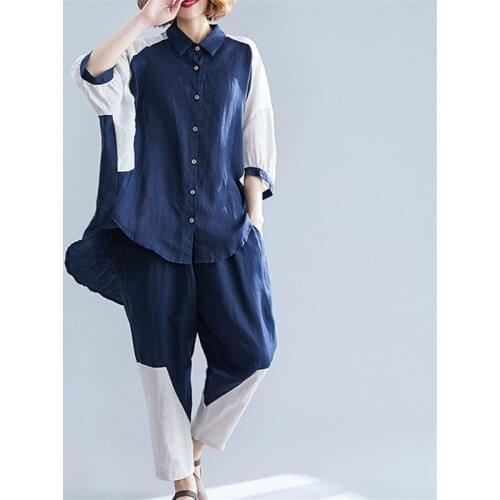 Summer New Loose Contrast Color Fashion Suit Female Lapel Single-Breasted Blouse+Elastic Waist Nine-Point Pants Two-Piece Women