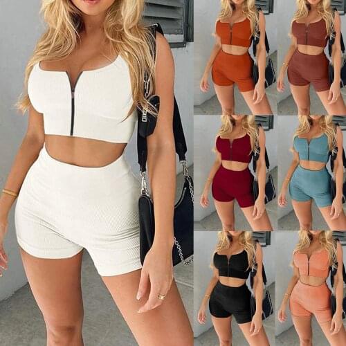 2pcs/lot Women Shorts Outfits Two Piece Set New Sleeveless Zipped Tank Tops + Shorts Matching Set Solid Skinny Tracksuit Outfits