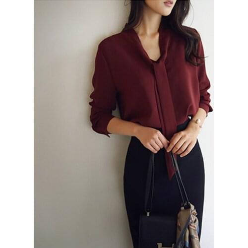 2019 summer new chiffon women blouse bow long-sleeved solid slim office lady white shirts elegant work shirt outwear tops