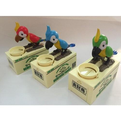 24pcs/lot 2015 Cute Cartoon Automated Parrot eating Coin Bank Piggy Bank Money Saving Box Childrens Gifts for Christmas
