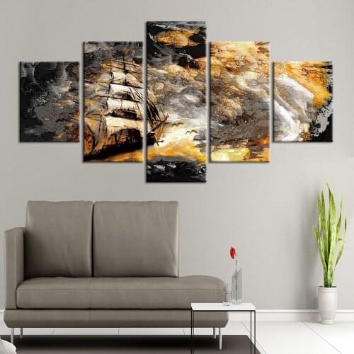 5 Panel Wave Ship Canvas Painting Art Home Decoration Posters And Prints For Living Room Framework