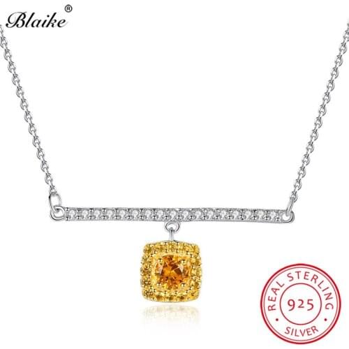 Blaike Luxury Yellow Topaz Square Pendants Solid S925 Sterling Silver Necklaces For Women Full Zircon Birthstone Choker Jewelry