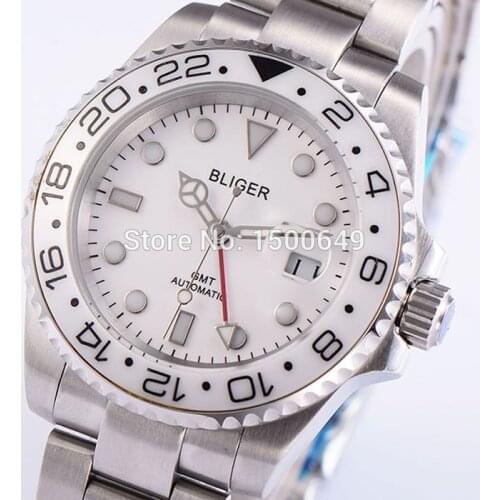 BLIGER 40mm Automatic white dial Ceramics Bezel Mens Watch 2028