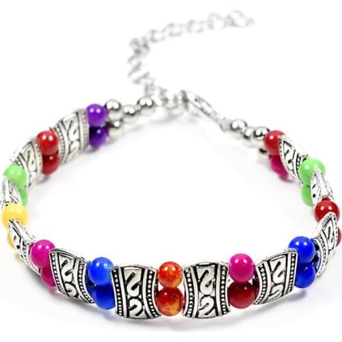 FYJS Unique Silver Plated Stackable Many Colors Turquoises Stone Beads Link Chain Bracelet Inspiratio Jewelry