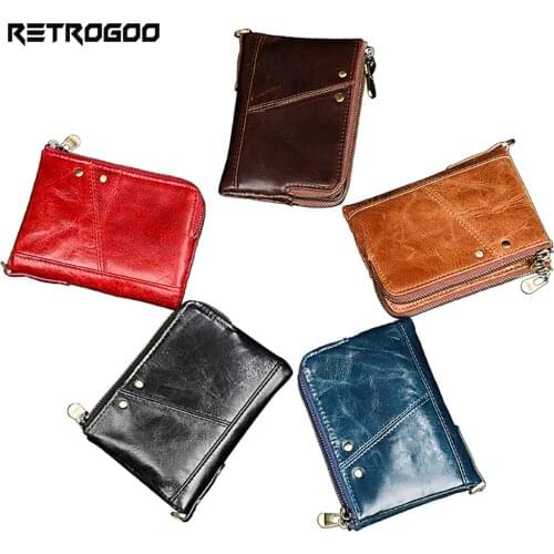 RETROGOO Genuine Cow Leather Men Wallet Brown RFID Purse Small Mini Coin Wallets Women Money Bag Lady Card Holder Chain Wallet