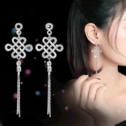 Creative Jewelry Rhinestone Chinese Knotted Earrings Long Decorative Screw Ear Clips Non Pierced Earrings Without Ear Holes