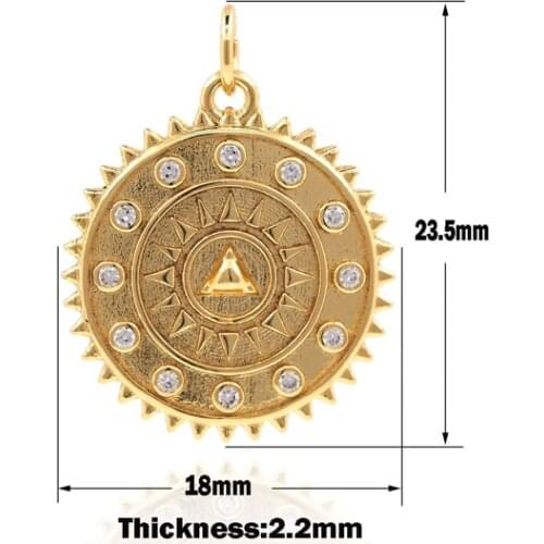 Micropavé Sun Gold Coin Necklace Pyramid Medal Charm CZ Bracelet Pendant DIY Jewelry Making Accessories 23.5×18×2.2mm