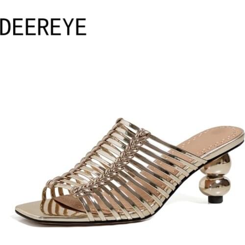 Special Striped Weave Slip On Chunky Strange Heels Mules Slippers Womens High Open Toe Shoes Sexy Luxury Lazy For Outdoor