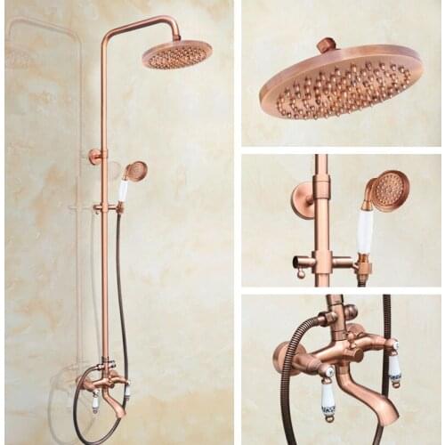 Antique Red Copper Shower Faucets Set 8'' Rainfall Shower Head Dual Handle Mixer Tap Swivel Tub Spout Bath Shower zrg546