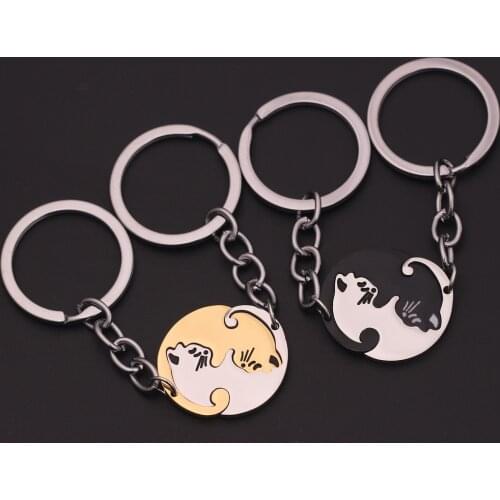 Pair 2 cats embrace Key chain Stainless Steel Keychains Cut Black gold Cat Pendant KeyChain Women Men Key Holder Jewelry