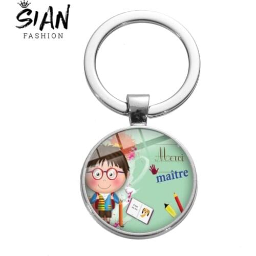 SIAN Teacher Gift Merci Maitresse Metal Keychain Super Mistress The Best Teacher Cute Cartoon Printed Crystal Key Rings Jewlery