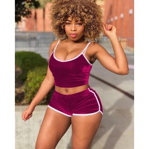 Casual Solid Velvet Short Tracksuit Women Summer Sexy Lounge Wear Sling Crop Top + Biker Shorts Sports Two Piece Set Outfits