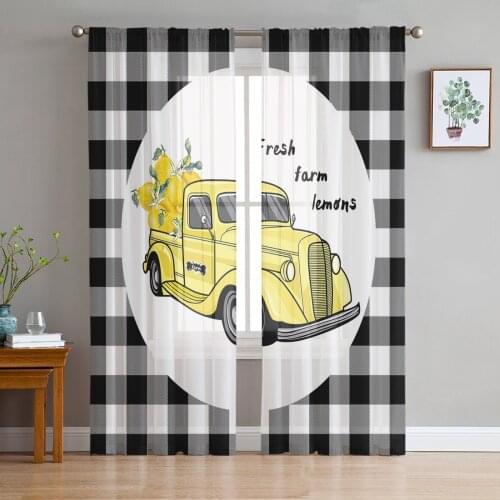 Lemon Truck Black And White Plaid Tulle Curtains for Living Room Bedroom Decoration Chiffon Sheer Voile Kitchen Window Curtain