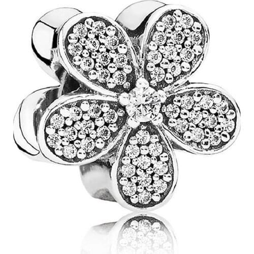 Sparkling Daisy Flower Charm for Women Bracelet Bangle Clear CZ Bead Girl Gift Authentic S925 Silver DIY Jewelry