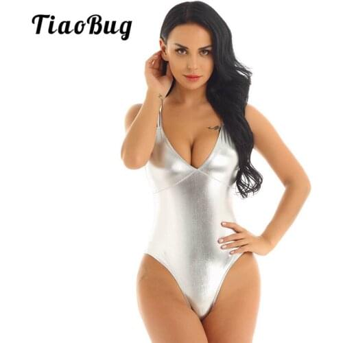 TiaoBug Women Shiny Metallic V-Neck Strappy Gymnastics Ballet Leotard Stage Dance Costume Sexy Bodysuit Beachwear Bathing Suits