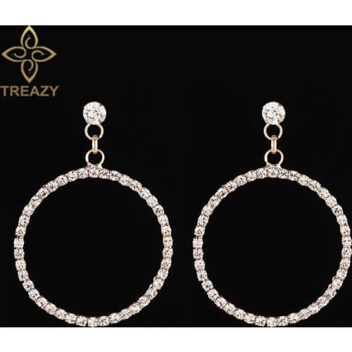 TREAZY Gold Color Fashion Circle Drop Earrings for Women Brincos Rhinestone Crystal Statement Earrings Wedding Prom Jewelry Gift