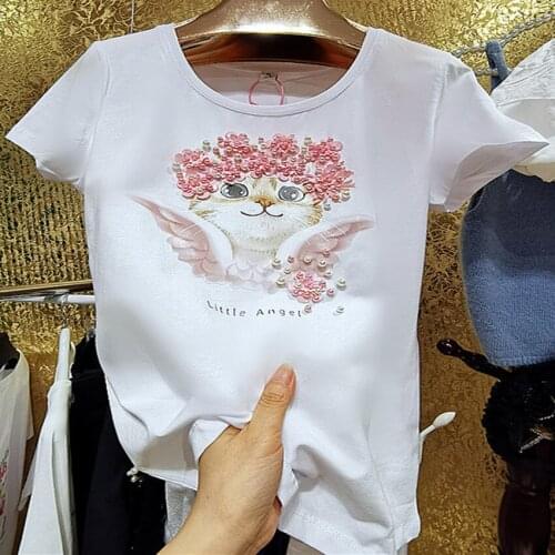 Heavy work summer Cat angel luxury cartoon t-shirt women three-dimensional pink flower cotton top tees plus size 9XL